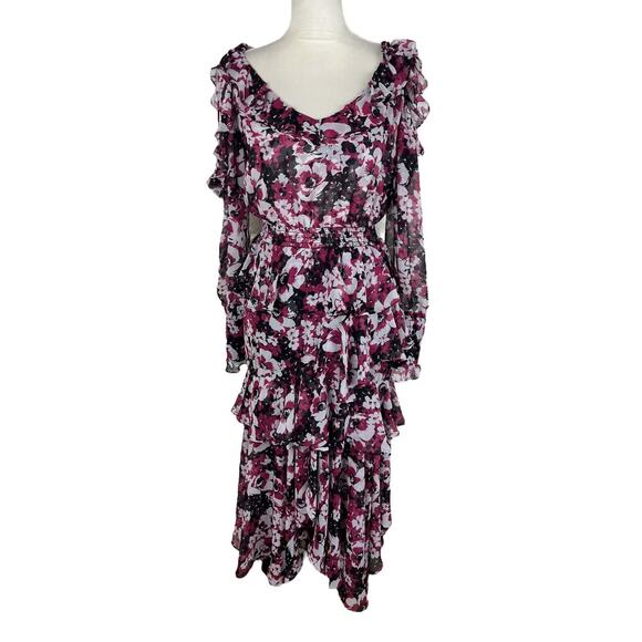 MISA Catriona Cold Shoulder Floral Midi Dress Ruffle Tiered Size Medium - Picture 6 of 10